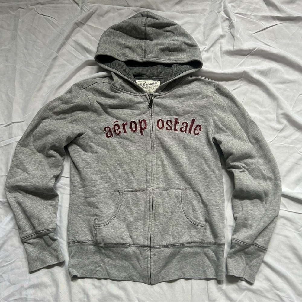 Aeropostale Heather Gray Zip-Up with Burgundy Text